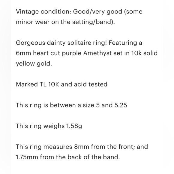 TL 10K Amethyst dark Purple Heart cut 6mm solid yellow gold size 5 ring​…​ - Picture 11 of 11